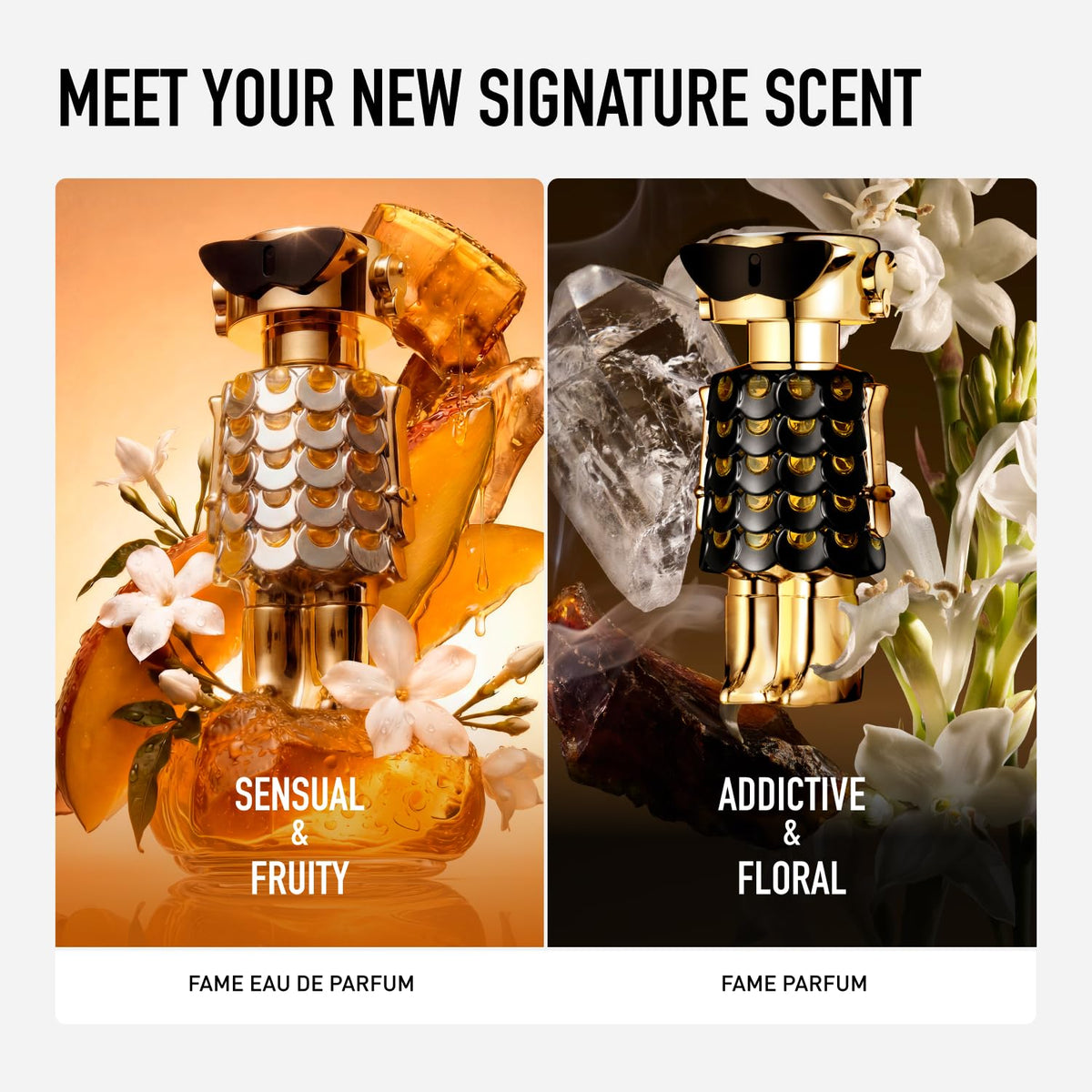 Flacon de Rabanne Fame sur une table de nuit avec bougies