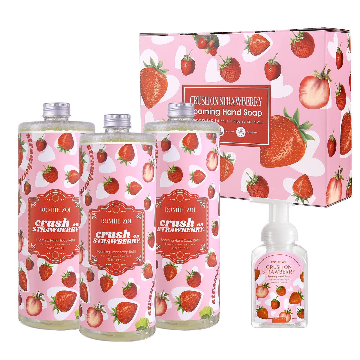 Flacon de recharge de savon moussant ROMIIE ZOI à la fraise, vue avant