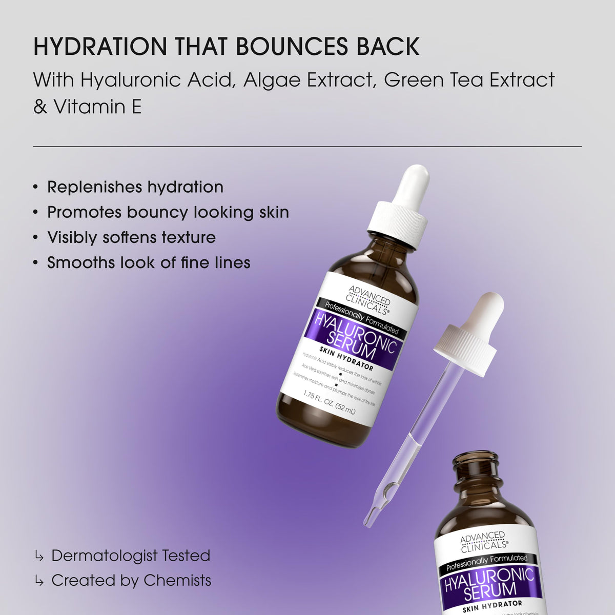 Flacon de sérum hyaluronique Advanced Clinicals côté avec étiquette