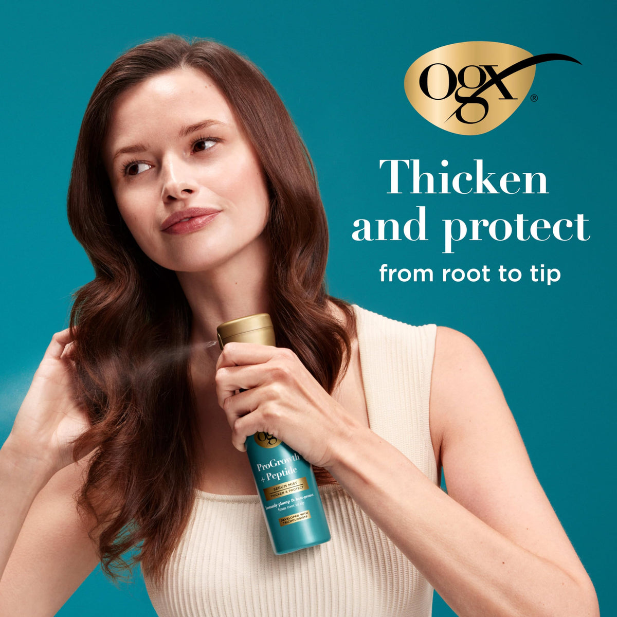 Flacon de sérum mist OGX ProGrowth sur une coiffeuse