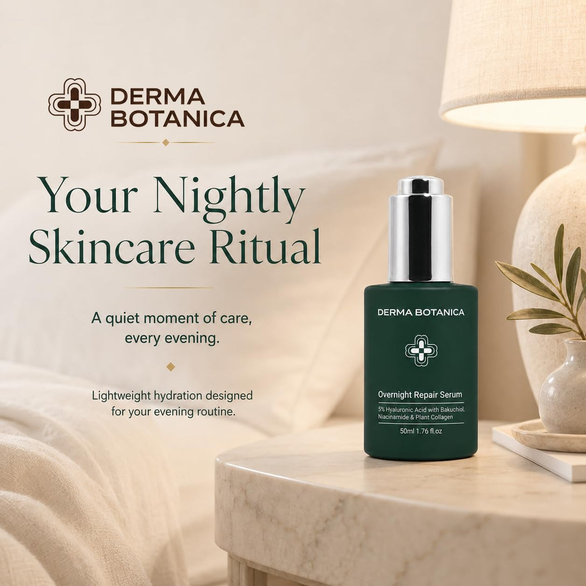 Flacon de sérum réparateur derma botanica sur une table