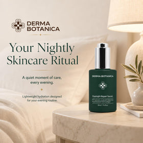 Flacon de sérum réparateur derma botanica sur une table