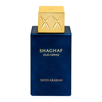 Flacon de Shaghaf Oud Azraq 75 ml avec étiquette et bouchon doré