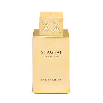 Flacon de Shaghaf Oud Elixir 75ml vue de face avec emballage doré