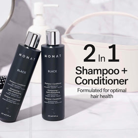 Flacon de Shampooing et Après-shampoing Noir MONAT sur un fond blanc