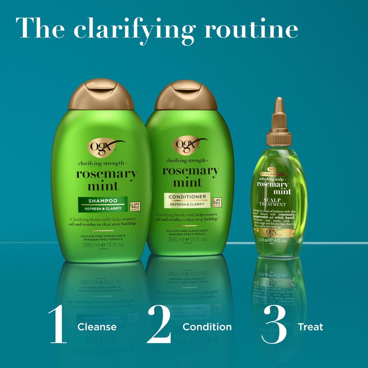 Flacon de shampooing OGX au romarin et menthe avec des ingrédients naturels