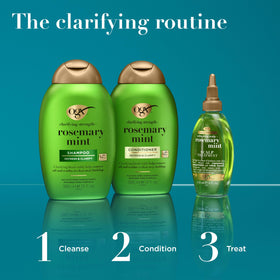 Flacon de shampooing OGX au romarin et menthe avec des ingrédients naturels