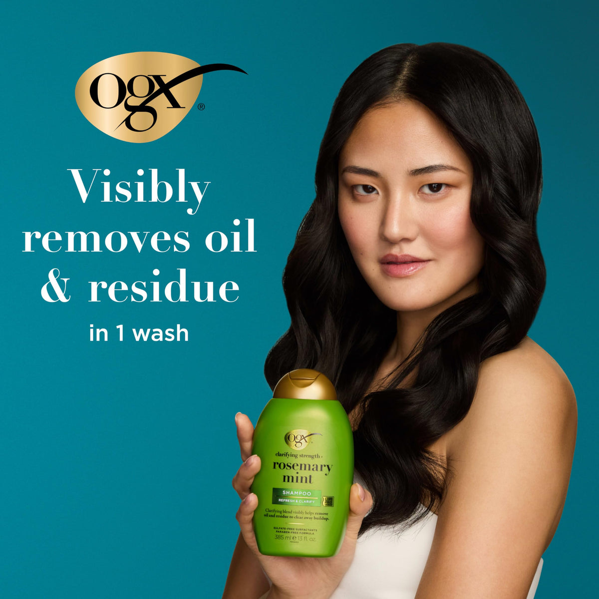 Flacon de shampooing OGX avec étiquette détaillée affichant les ingrédients