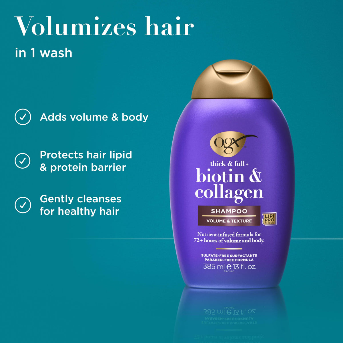 Flacon de shampooing OGX Biotin et Collagène 385 ml arrière