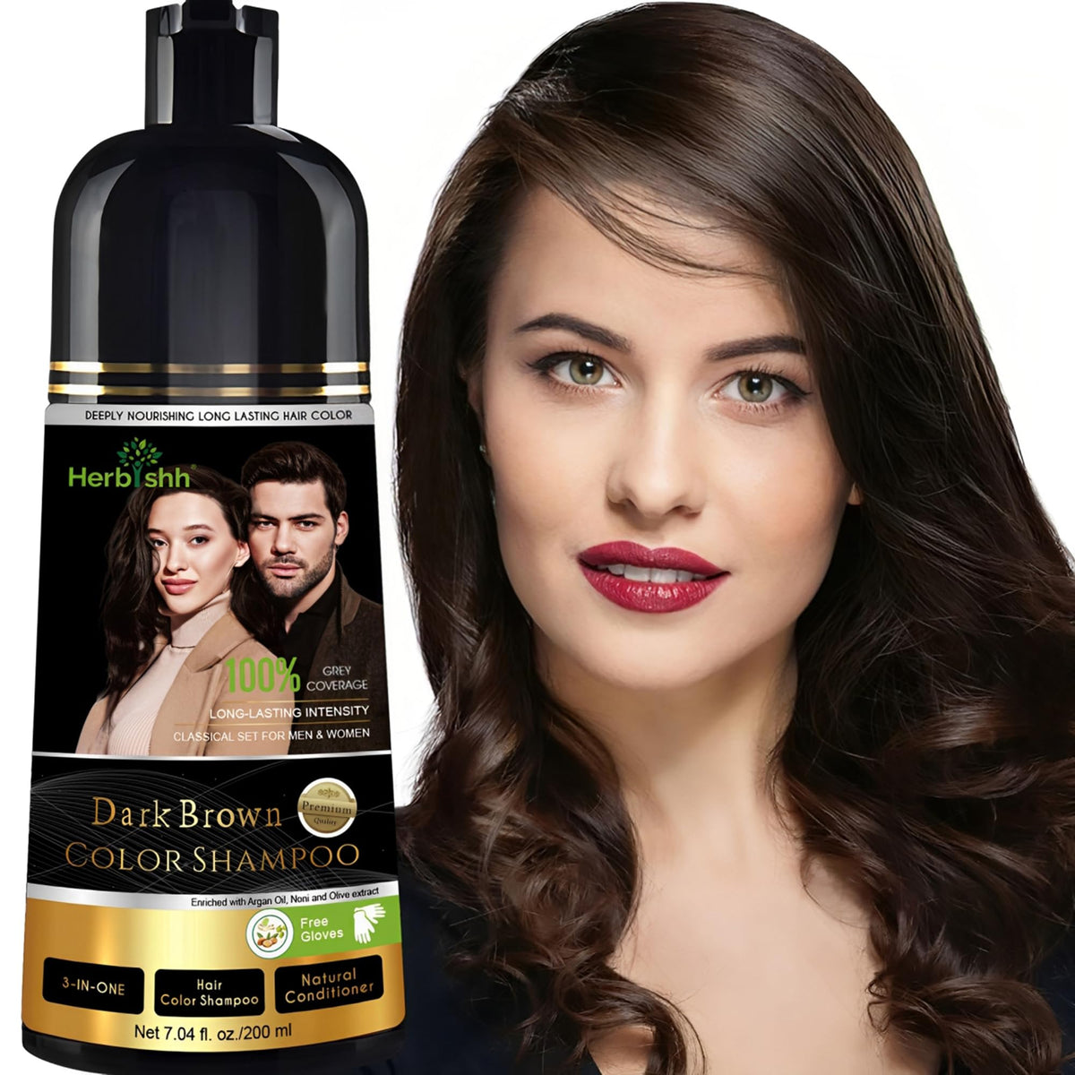 Flacon de shampooing teinture brun foncé Herbishh 200 ml vue de face