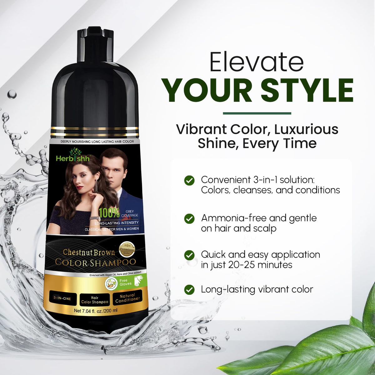 Flacon de shampooing teinture châtaigne Herbishh avec bouchon ouvert