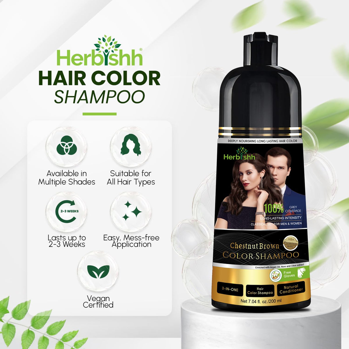 Flacon de shampooing teinture châtaigne Herbishh sur une table