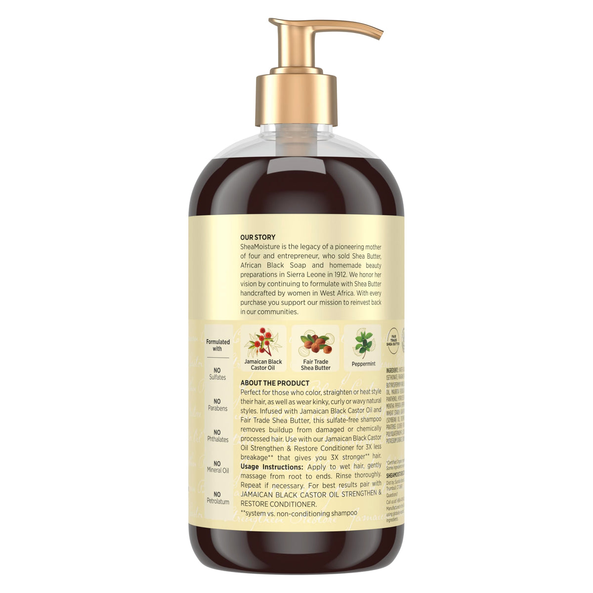 Flacon de Shea Moisture Shampoo Fortifiant et Restaurateur avec étiquette détaillée