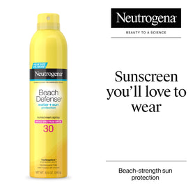 Flacon de spray solaire Neutrogena Beach Defense avec informations de produit