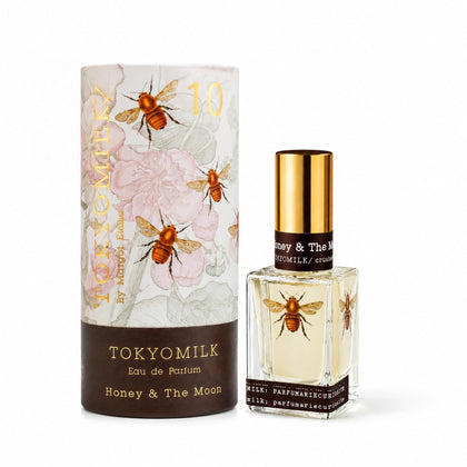 Flacon de TOKYOMILK Eau de Parfum Honey & The Moon, modèle en verre avec motifs d'abeilles