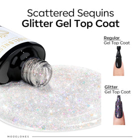 Flacon de top coat pailleté modelones avec étiquette visible
