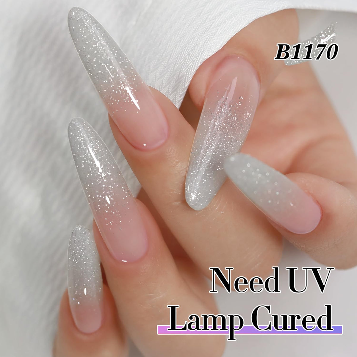 Flacon de vernis gel pailleté argent avec étiquette visible