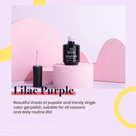 Flacon de vernis gel violet mauve avec étiquette