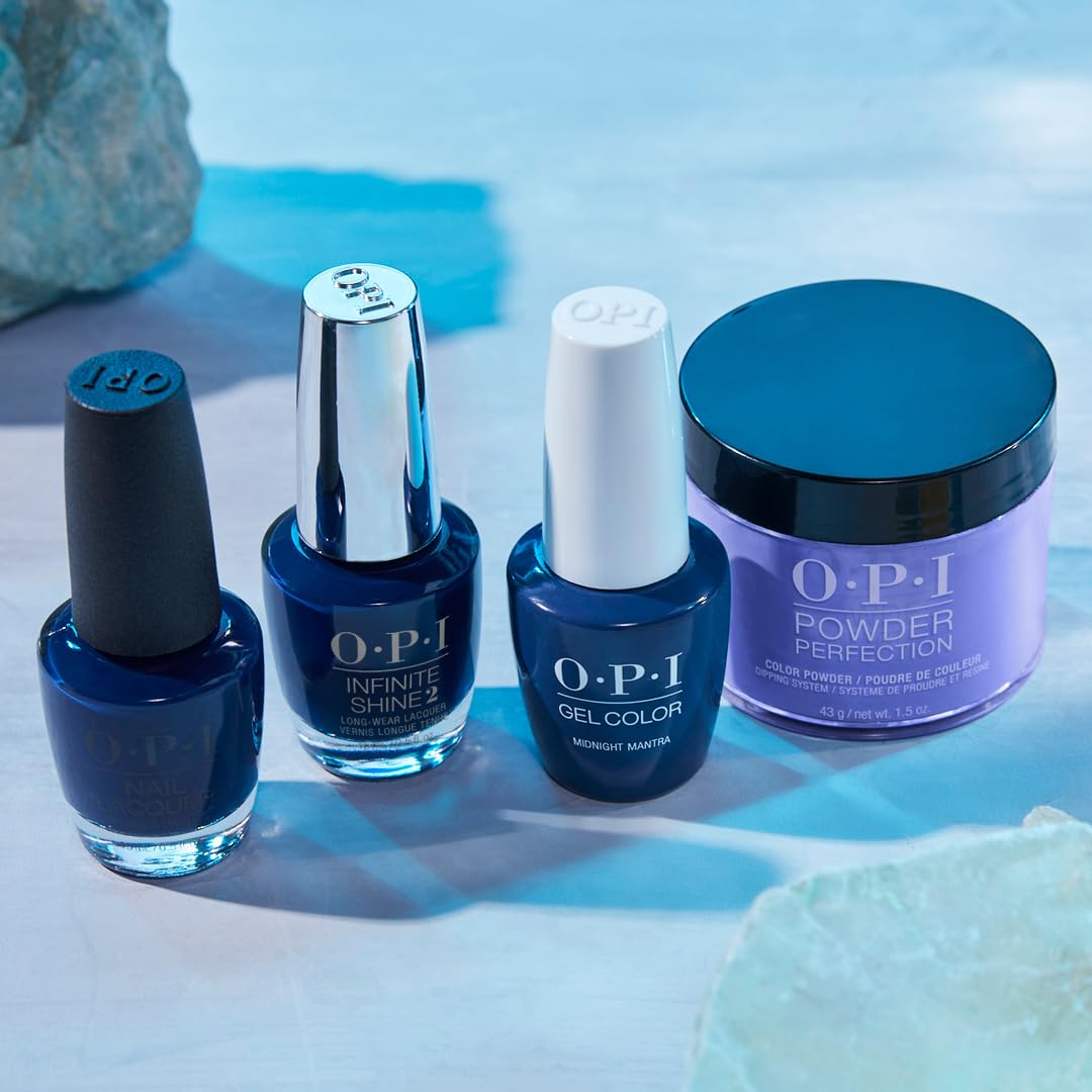 Flacon de vernis OPI Midnight Mantra avec fond neutre