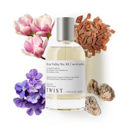Flacon Eau de Parfum River Valley No. 88 de HOUSE OF TWIST, vue avant avec étiquette