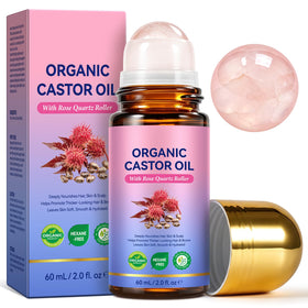 Flacon en verre ambré d'huile de ricin bio FANSHI avec roller en quartz rose