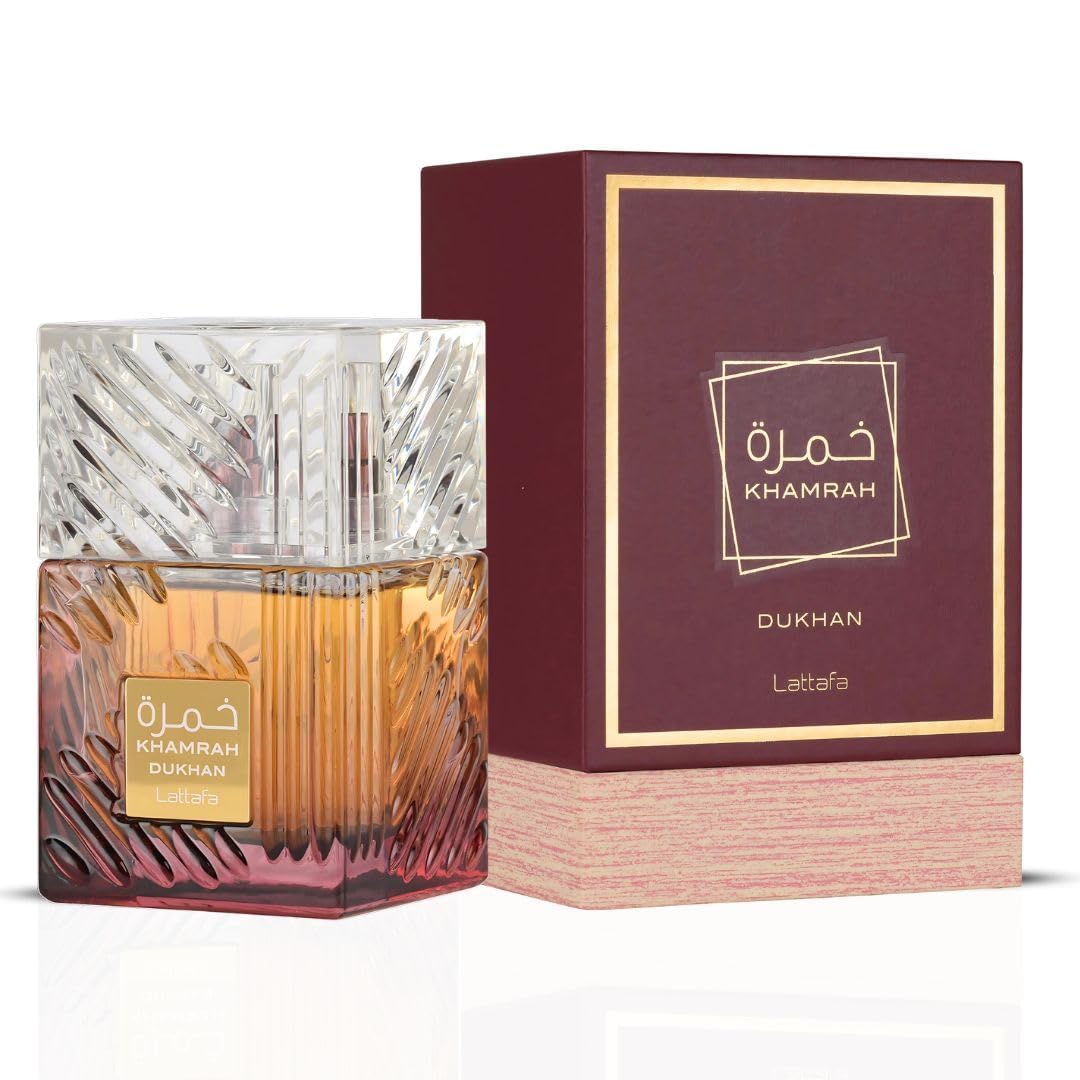 Flacon Lattafa Khamrah Dukhan avec étiquette détail