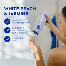 Flacon NIVEA Pêche Blanche et Jasmin avec étiquette visible