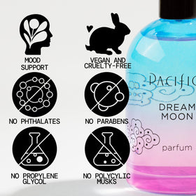 Flacon recyclable de Pacifica Dream Moon sur fond naturel