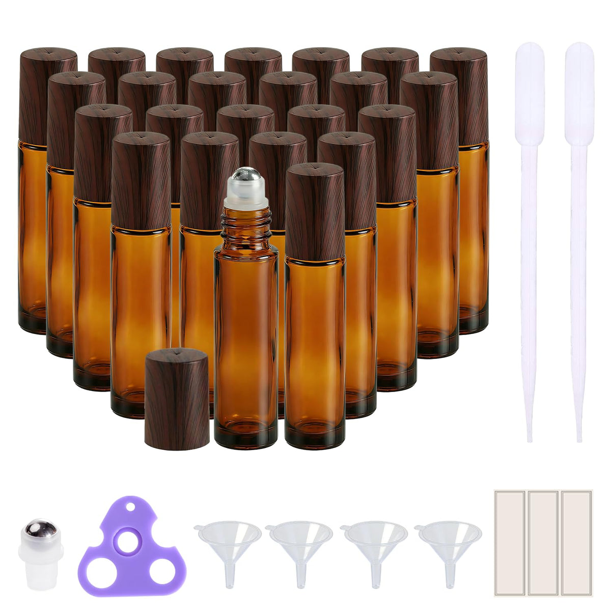 Flacon roll-on en verre ambre 10 ml avec bouchon en bois, vue de face