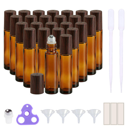 Flacon roll-on en verre ambre 10 ml avec bouchon en bois, vue de face