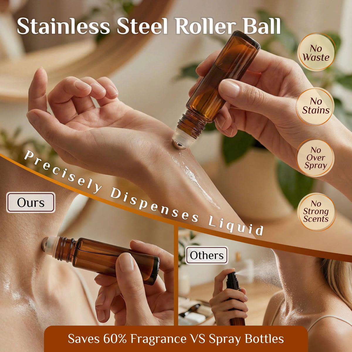 Flacon roll-on en verre ambre avec bouchon en bois sur fond blanc