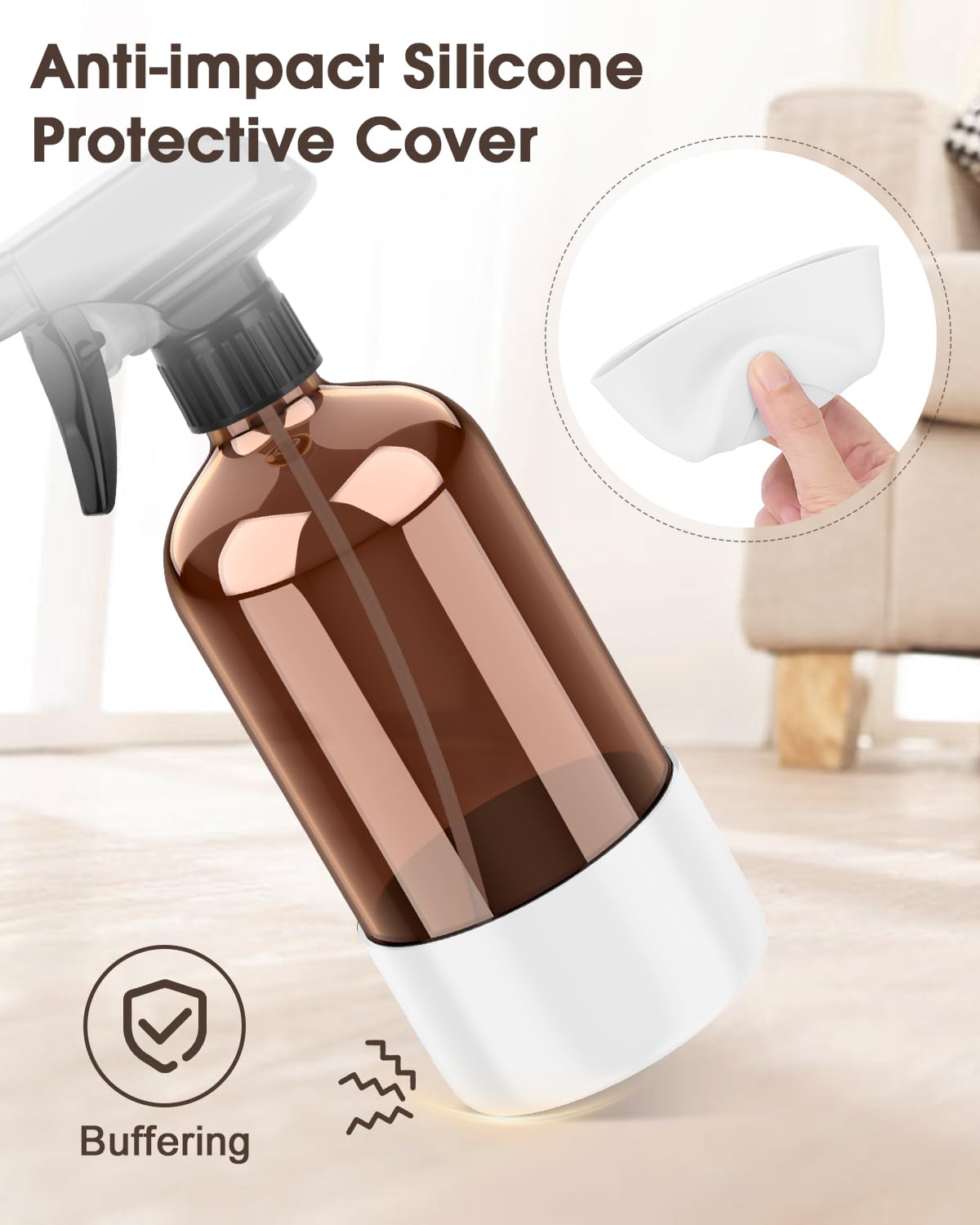 Flacon spray Bontip en verre ambré sur fond de table avec fleurs