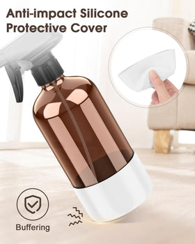 Flacon spray Bontip en verre ambré sur fond de table avec fleurs