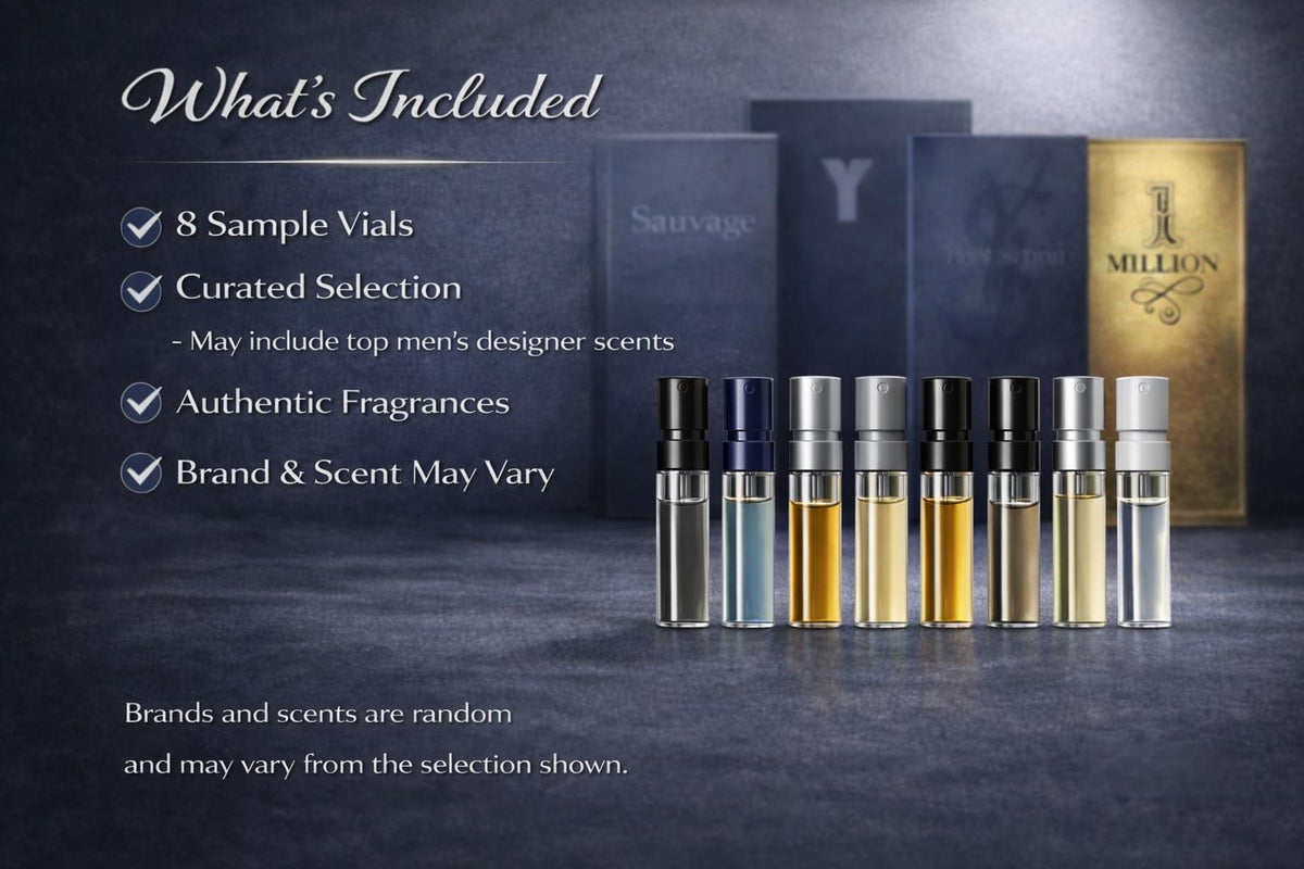 Flacons d'échantillons de parfums pour hommes, présentation sur fond neutre