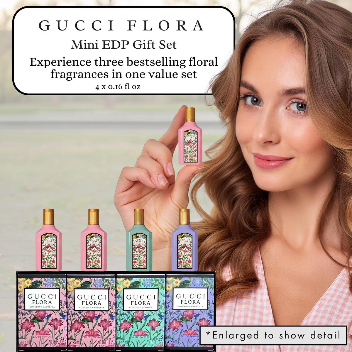 Flacons de parfums Gucci Flora disposés sur une surface élégante