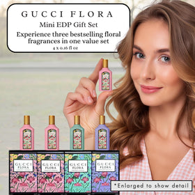 Flacons de parfums Gucci Flora disposés sur une surface élégante