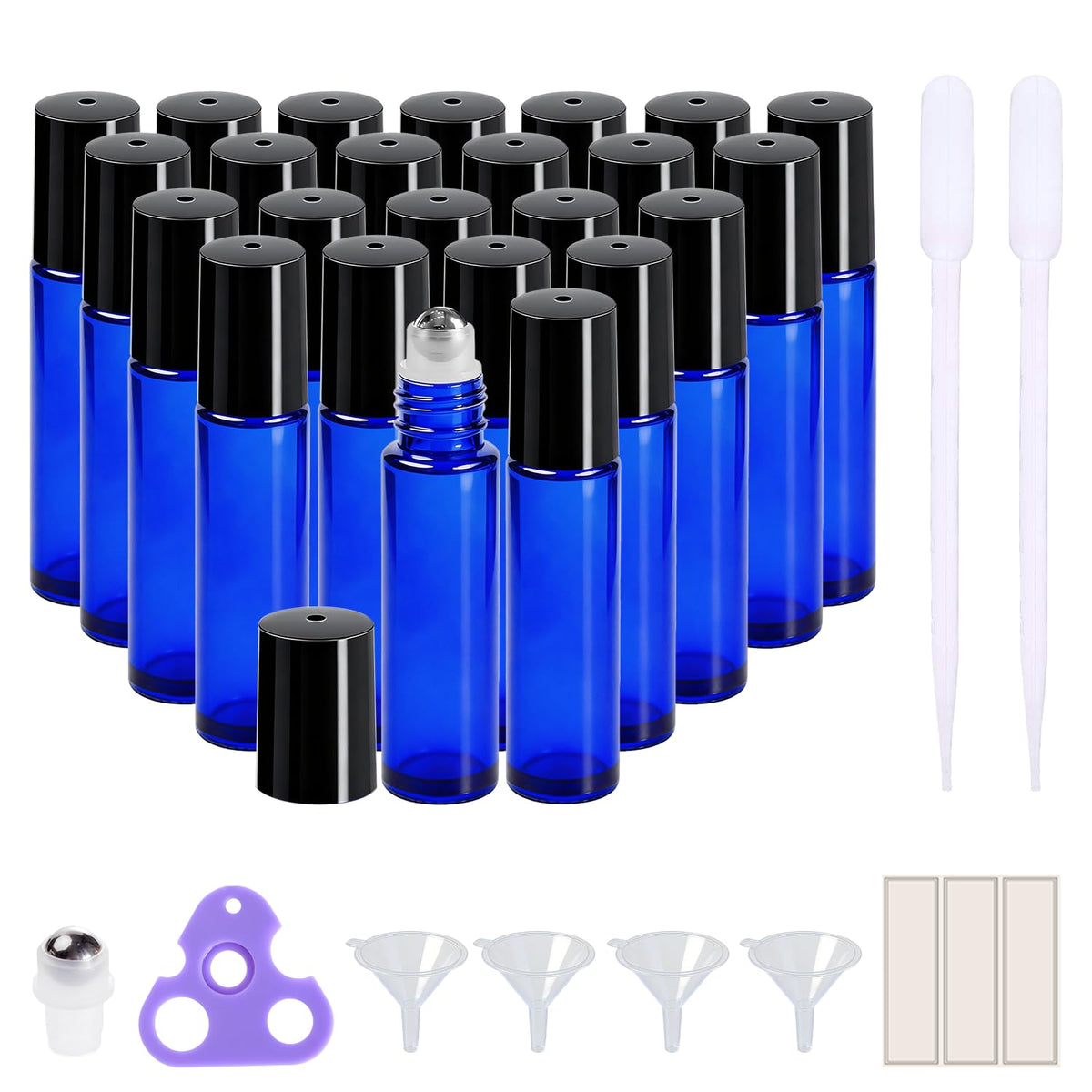 Flacons roll-on en verre bleu de 10 ml, pack de 24 avec accessoires