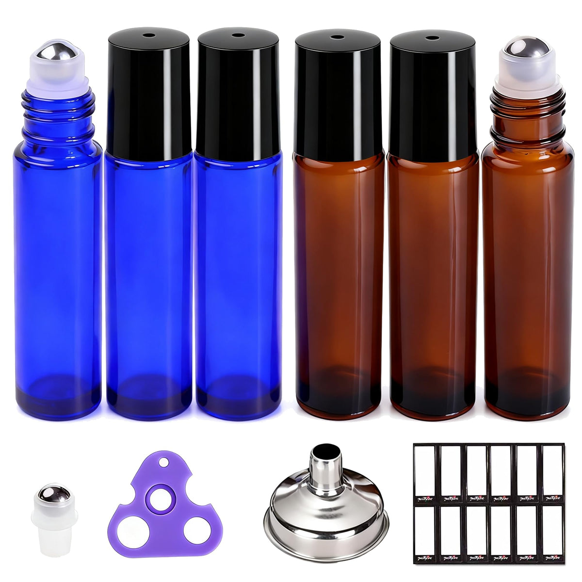 Flacons roll-on PrettyCare 10 ml en verre ambré et bleu avec accessoires