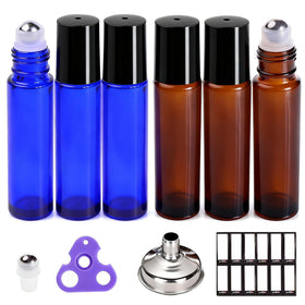 Flacons roll-on PrettyCare 10 ml en verre ambré et bleu avec accessoires