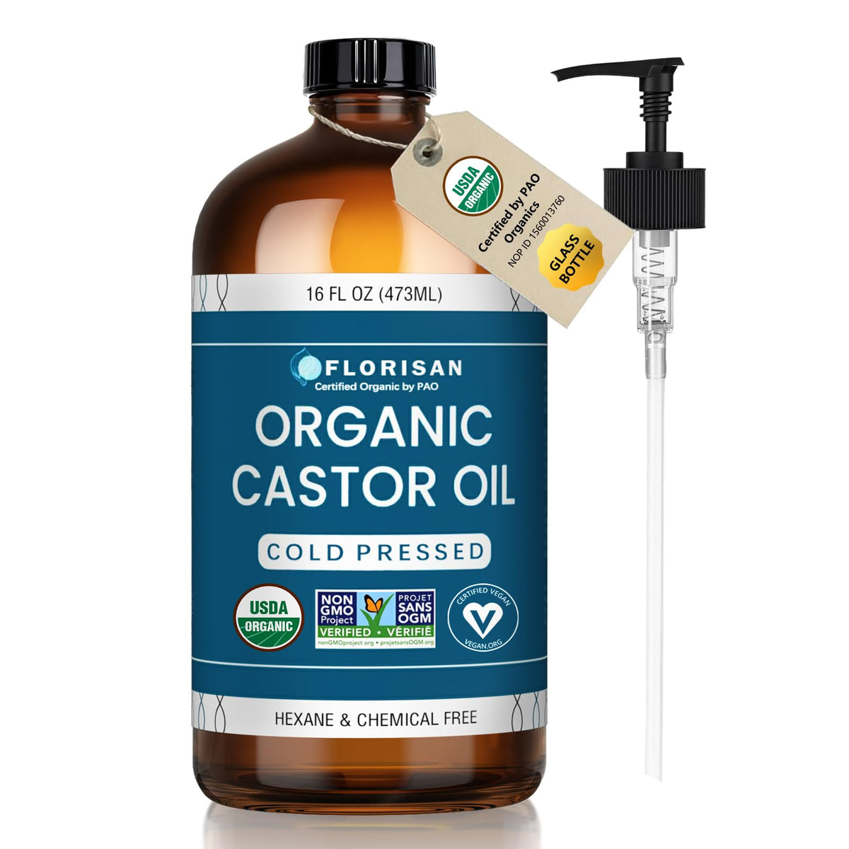 Florisan Huile de Ricin Bio 16oz flacon en verre