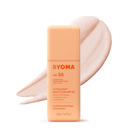 Fluide visage ultraléger BYOMA SPF 50, vue avant, packaging rose