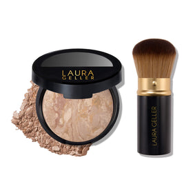 Fond de teint LAURA GELLER Baked Balance-n-Brighten vue avant avec pinceau Kabuki