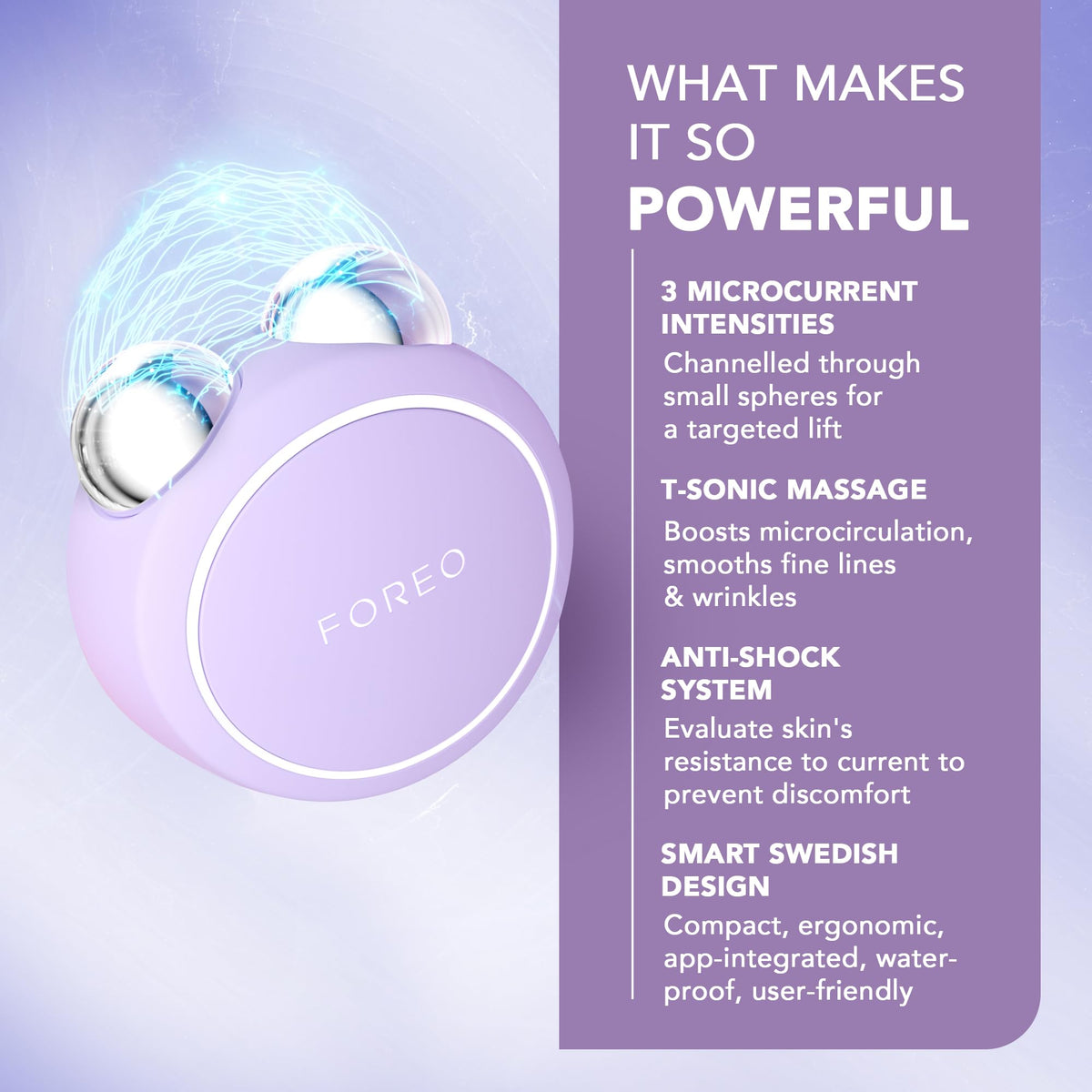 FOREO BEAR mini appareil facial lavande en utilisation sur le visage