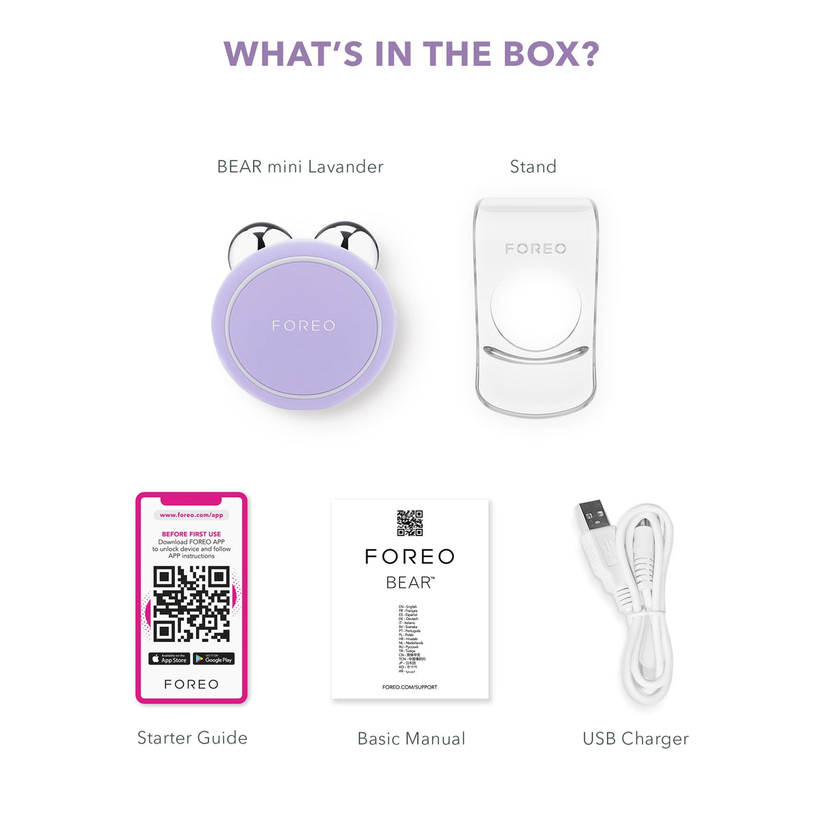 FOREO BEAR mini appareil facial lavande sur une table avec des produits de soin