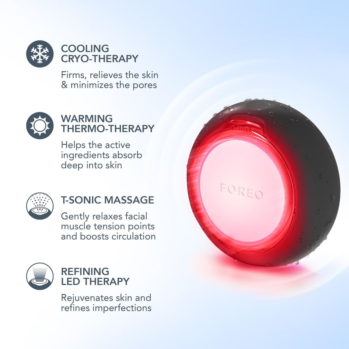 FOREO UFO 3 en utilisation sur un visage avec lumière rouge