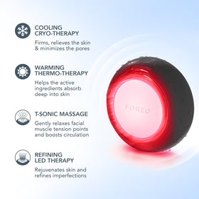 FOREO UFO 3 en utilisation sur un visage avec lumière rouge