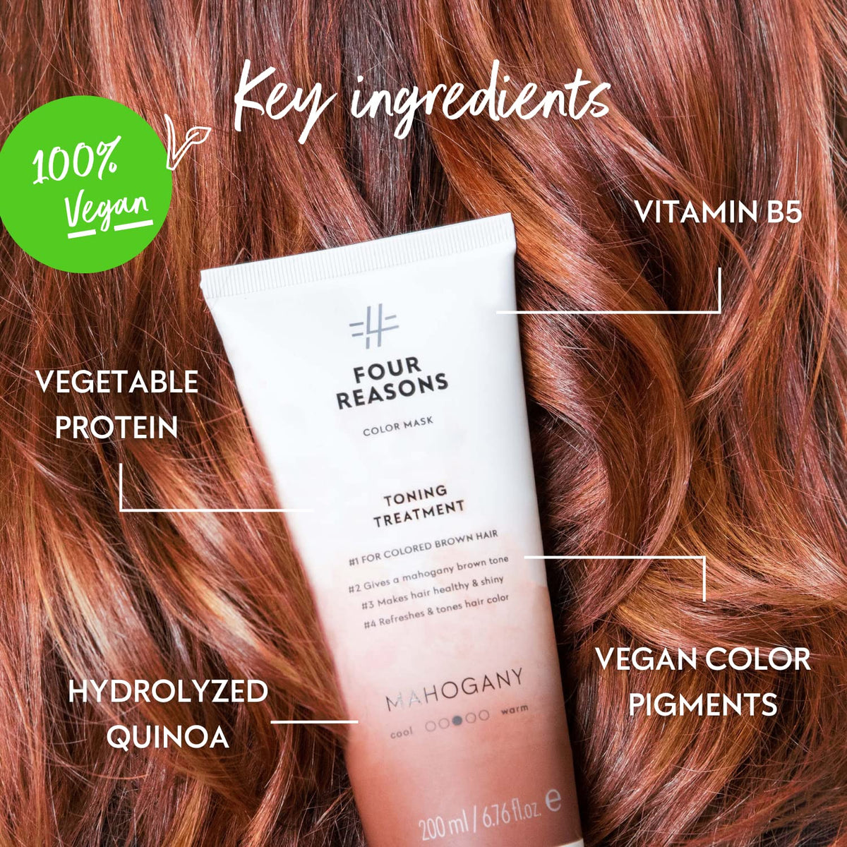 FOUR REASONS Color Mask Mahogany 209g mise en scène avec accessoires de cheveux