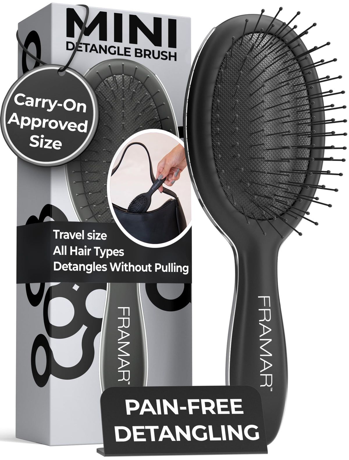 FRAMAR Mini Brosse à Cheveux Démêlante vue de face en noir mat