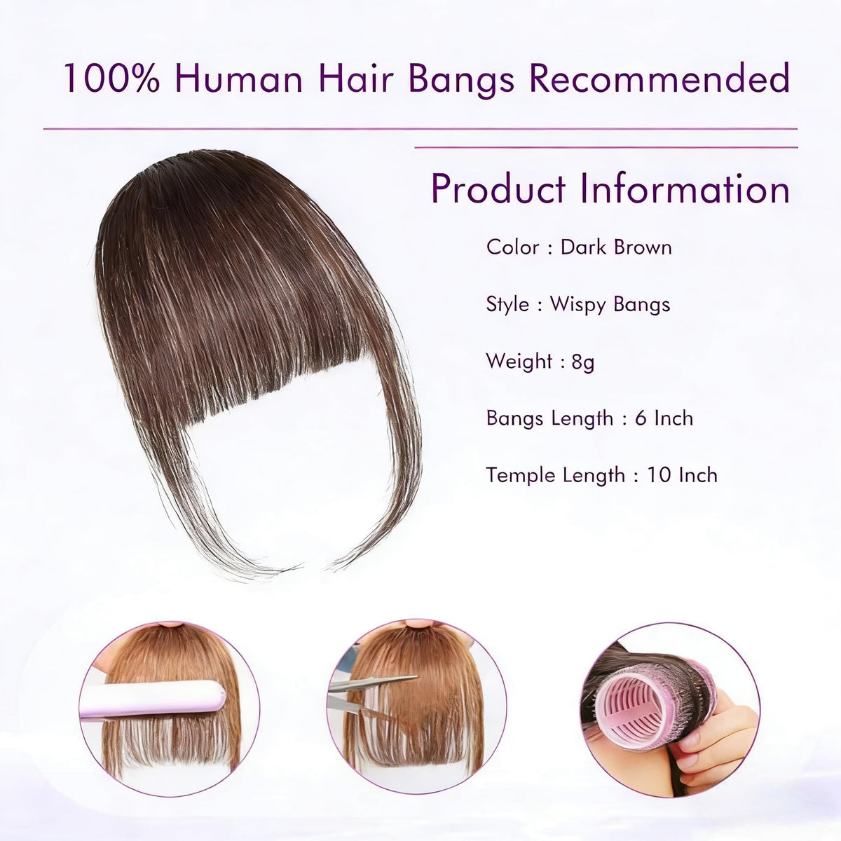 Frange clip-in ELEFOCUS en cheveux humains sur un fond neutre