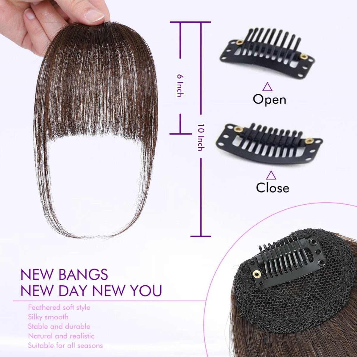 Frange clip-in ELEFOCUS montrant le clip invisible et la texture des cheveux